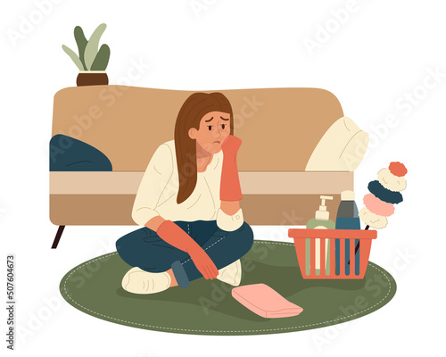 Sad tired woman after housework siiting on floor. Fatigue exhausted housewife don't want to clean house. Flat cartoon vector illustration isolated on white background