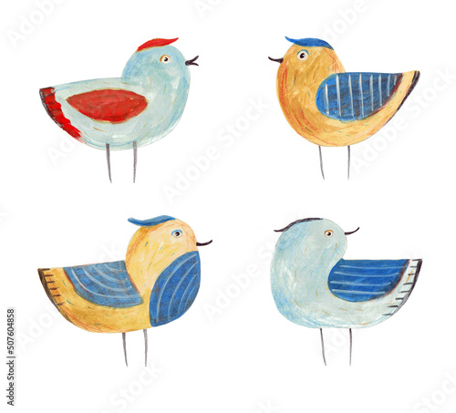 4 birds. Watercolor illustration, hand drawn © Julia Wegener