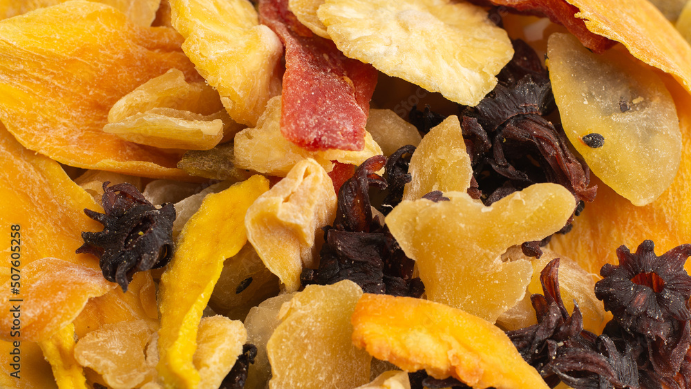 Mix of dried exotic fruit, mangos,slices of pineapples, passion fruit, papaya. Mix of dried exotic fruit, mangos,slices of pineapples, passion fruit, papaya.