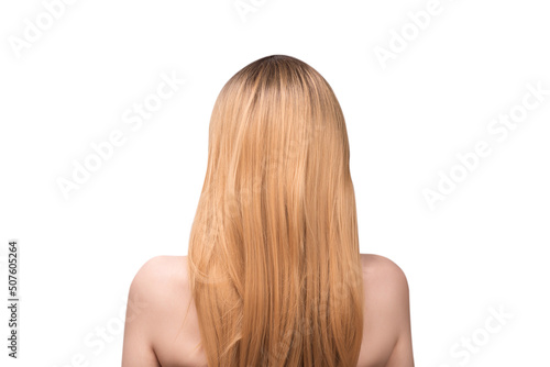 Woman backside, beautiful woman with ombre hair isolated on a white.
