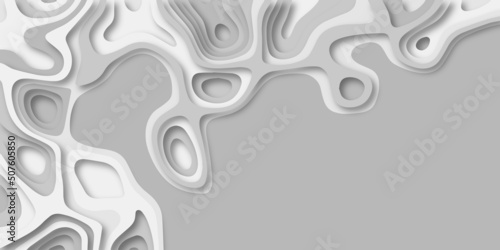 3D papercut banner of gradient white paper layers. flowing liquid texture or topography concept for website template. Gray papercut background for presentation, cover, banner, web page with copy space