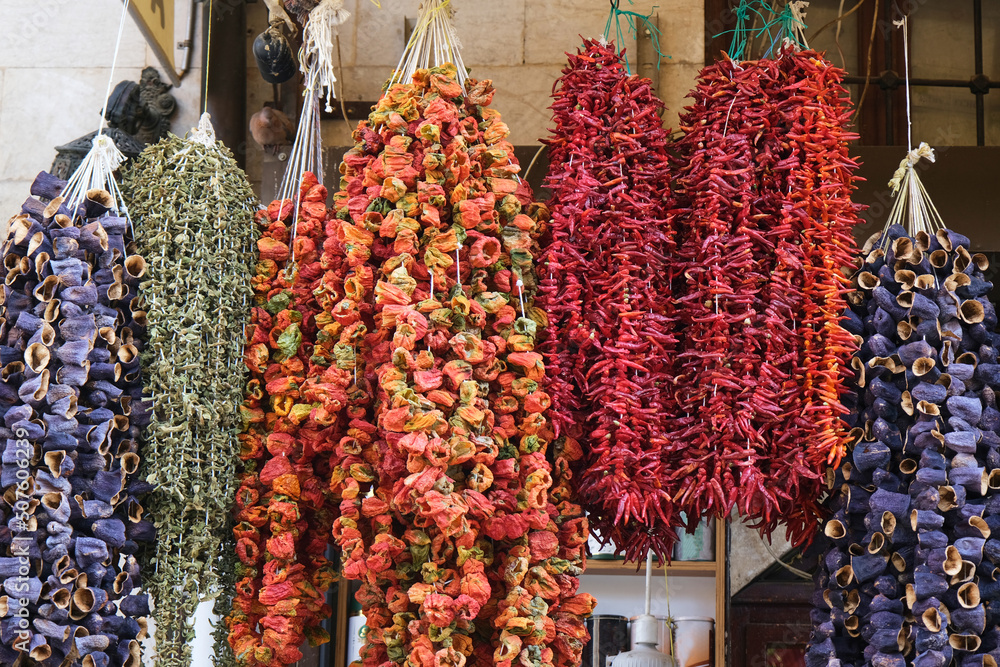 Traditional dried peppers, tomatoes and eggplants known as 