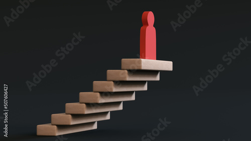 Red figure of a wooden man stands at the top of the stairs against a dark background. Leadership concept. 3D rendering. copy space