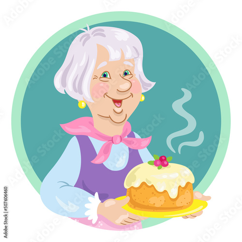 Cute grandmother with a beautiful cake in her hands. Avatar icon in cartoon style. Isolated on white background. Vector flat  illustration.
