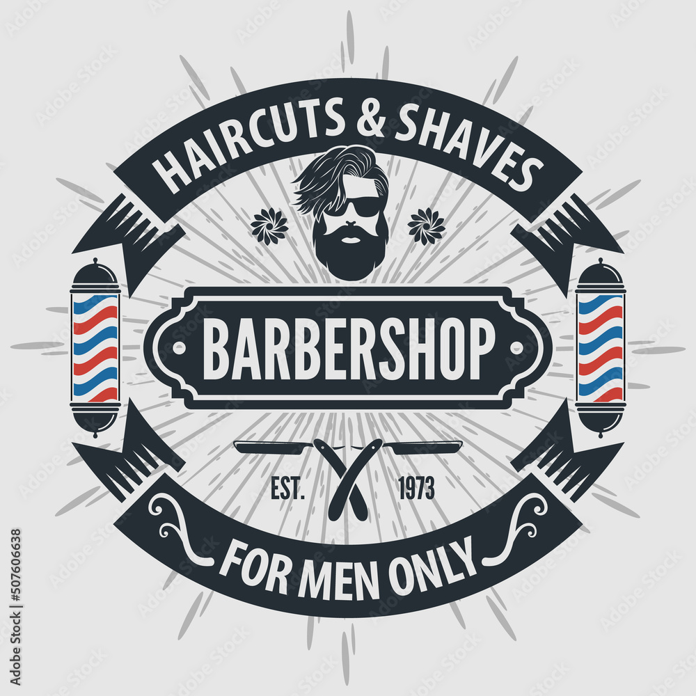 Fototapeta premium Barbershop poster or banner design concept with barber pole and bearded men. Vector illustration