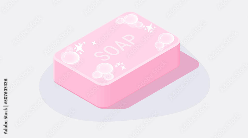 Vector pink wash toilet hand soap bar with bubbles. Cleanliness and health concept. Isometric 3d icon illustration. Vector pink wash toilet hand soap bar with bubbles. Cleanliness and health concept. Isometric 3d icon illustration.