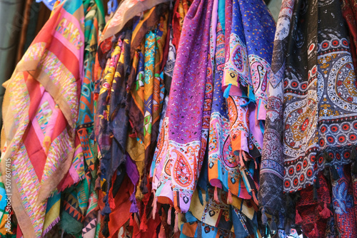 Selective Focus Handmade Colorful Patterned Fabrics or Scarfs Hanging in Gaziantep, Turkey.  © imihcioglu