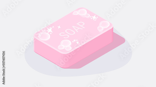 Vector pink wash toilet hand soap bar with bubbles. Cleanliness and health concept. Isometric 3d icon illustration.