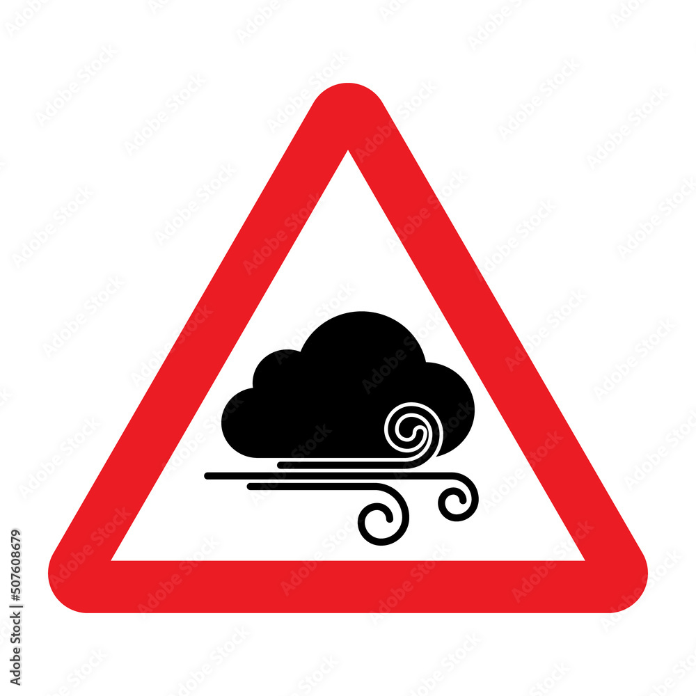Wind cloud warning sign. Vector illustration of red triangle sign with