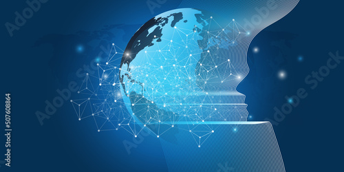 Abstract Machine Learning, Artificial Intelligence, Cloud Computing and Networks Design Concept with Human or Robot Silhouette, Earth Globe and Polygonal Geometric Network Mesh, Glowing Nodes Around