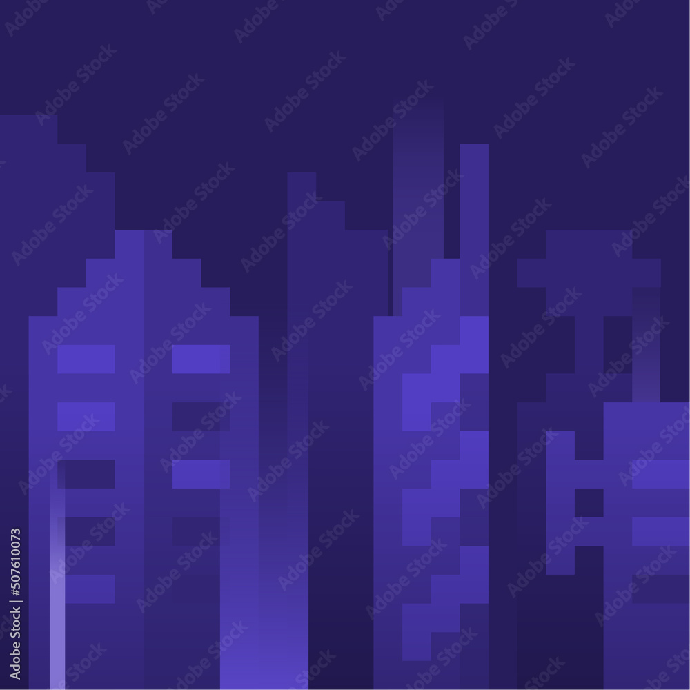 Pixelated Cityscape In Night Background, Purple Tone