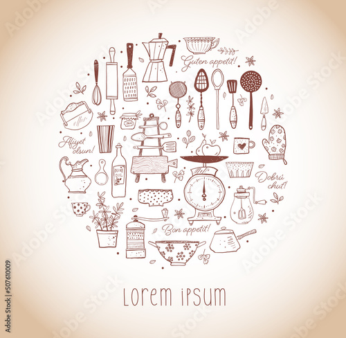 Design template with doodle kitchen utensils and place for your text in vintage style. Inscription Bon appetit in different languages