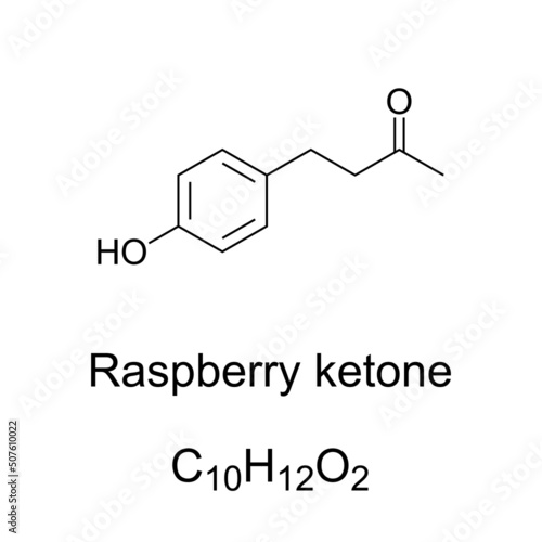 Raspberry ketone, chemical formula and structure. Natural phenolic aroma compound of red raspberries. Occurs also in cranberries and blackberries. Used in perfumery, cosmetics and as a food additive.