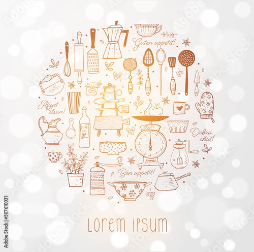 Design template with doodle kitchen utensils and place for your text on white glowing background. Inscription Bon appetit in different languages