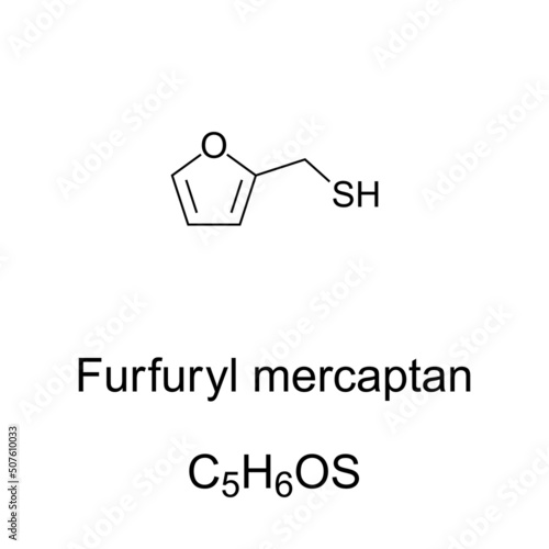Furfuryl mercaptan, roasted coffee aroma, chemical formula and structure. Furan-2-ylmethanethiol, organic compound with strong odour of roasted coffee and bitter taste. Trigger molecule for parosmia.