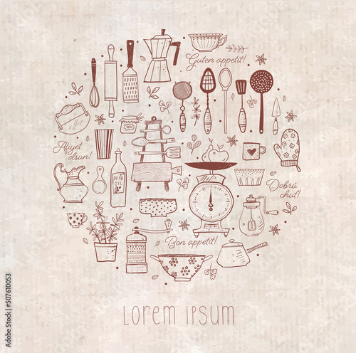 Design template with doodle kitchen utensils and place for your text on vintage background. Inscription Bon appetit in different languages