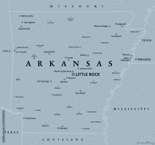Arkansas, AR, gray political map, with the capital Little Rock and large, important cities. Landlocked state in the South Central United States, nicknamed The Natural State, and Land of Opportunity. photo