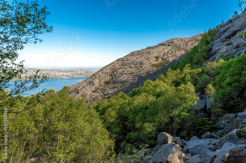 Obraz na płótnie A scenic view to slopes of Lifjel, Gandsfjord and Stavanger suburbs from a hiking trek, Sandnes, Norway, May 2018 w salonie