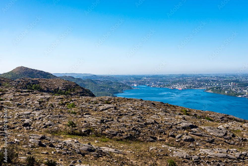 A spectacular view from Lifjel mountain top to Gandsfjord fjord and Sandnes town coastline, Norway, May 2018