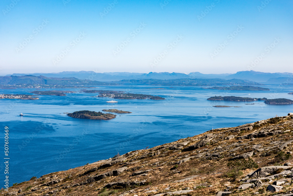 A spectacular view from Lifjel to the islands and ferry route between Stavanger and Tau, Norway, May 2018 A spectacular view from Lifjel to the islands and ferry route between Stavanger and Tau, Norway, May 2018