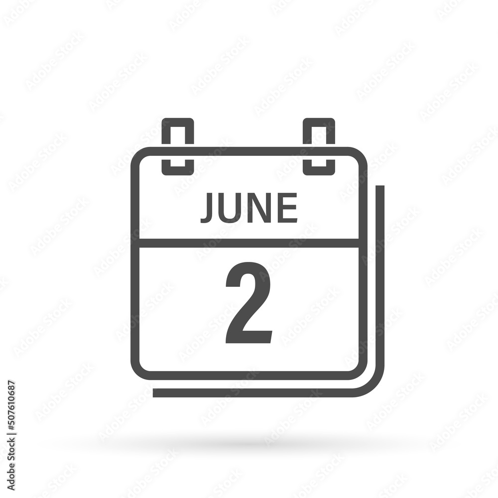 June 2, Calendar icon with shadow. Day, month. Flat vector illustration. June 2, Calendar icon with shadow. Day, month. Flat vector illustration.