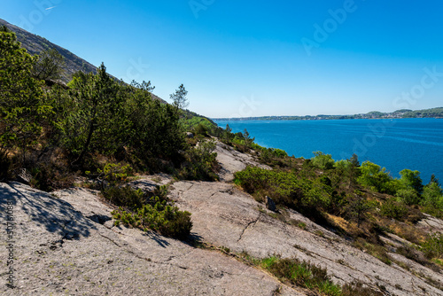 Obraz na płótnie A rocky slope of Lifjel with trees and bushes and view to the fjord, Sandnes, Norway, May 2018 w salonie