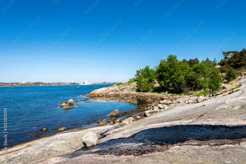 Gandsfjord coast while walking on a hiking trek to Lifjel mountain, Sandnes, Norway, May 2018