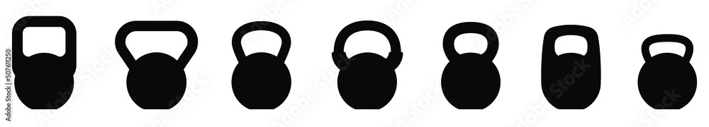 Fototapeta premium Kettlebell icon. Set of different kettlebell. Vector illustration. Kettlebell for a sports hall. Black signs