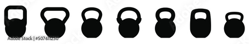 Kettlebell icon. Set of different kettlebell. Vector illustration. Kettlebell for a sports hall. Black signs
