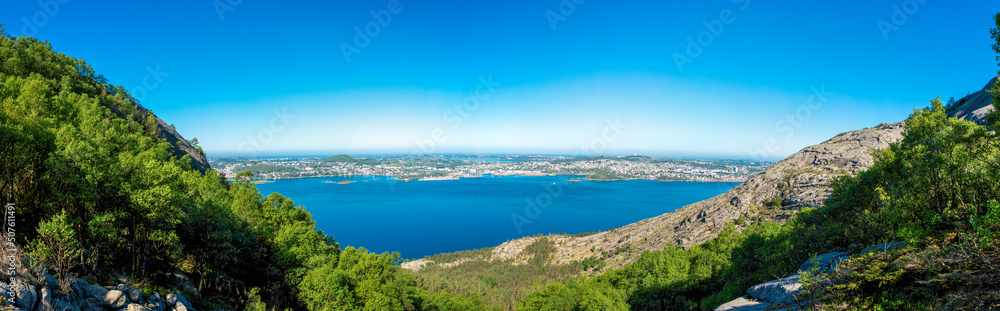 Slopes of Lifjel mountain and panorama of Gandsfjord and Stavanger coastline from a hiking trek, Sandnes, Norway, May 2018