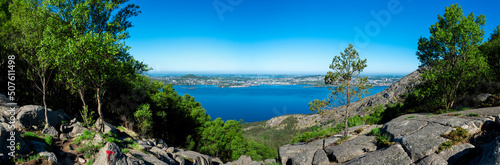 Panoramic view to Stavanger and Gandsfjord from a Lifjel marked hiking trek, Sandnes, Norway, May 2018