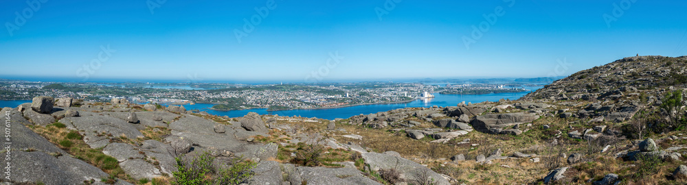 Panorama of rocky landscape of Lifjel mountain and a view to Gandsfjord and Stavanger city, Norway, May 2018