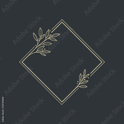 Diamond - shaped botanical frame element with laurel. Simple contour vector illustration for packaging, corporate identity, labels, postcards, invitations.