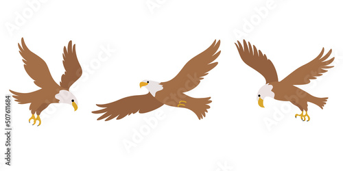 Cartoon eagle icon set. Cute bird in different poses. Vector illustration for prints, clothing, packaging, stickers.