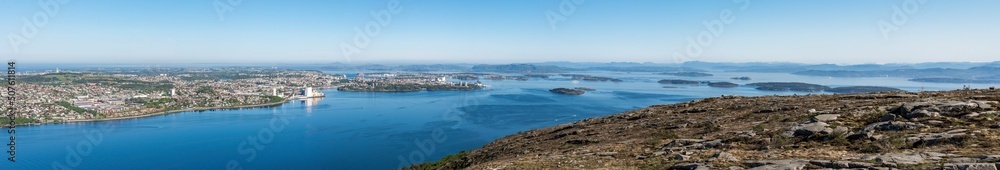 A panoramic view to Stavanger city and many islands from Lifjel mountain near Sandnes, Norway, May 2018