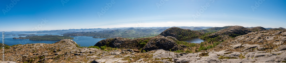Panoramic landscape of fjords and mountains from Lifjel, Sandnes, Norway, May 2018