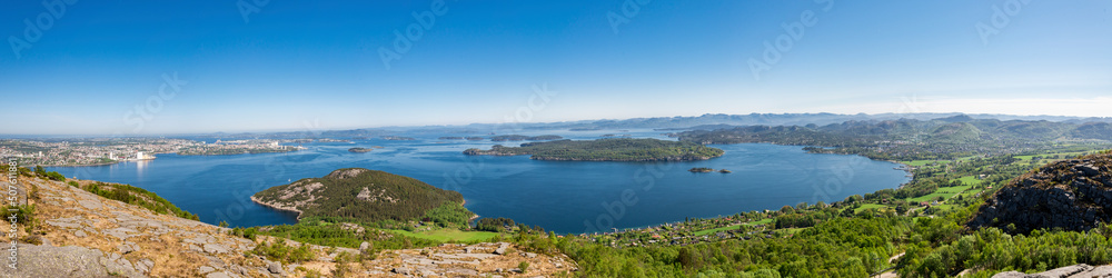 Panorama of islands and fjord from Lifjel mountain, Sandnes, Norway, May 2018