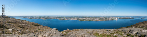 Wide panorama of Gandsfjord and Stavanger city coastline Lifjel mountain, Norway, May 2018