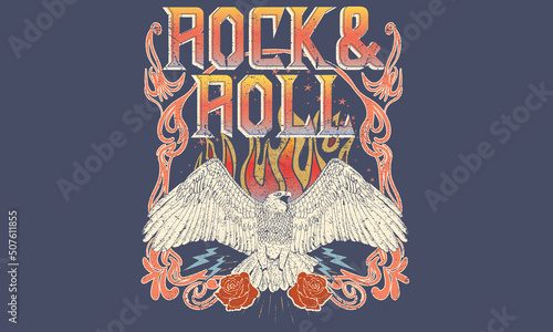 Eagle and fire vector print design for t shirt and others. Rock and roll print design for apparel, stickers, posters and background. Rose and eagle retro artwork.