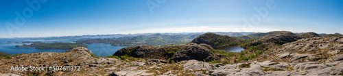 Panoramic landscape of fjords and mountains from Lifjel, Sandnes, Norway, May 2018