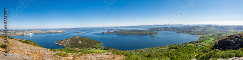Panorama of islands and fjord from Lifjel mountain, Sandnes, Norway, May 2018