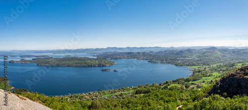 A spectacular panoramic view from Lifjel mountain to Hommersak town and Uskjo island  Norway  May 2018