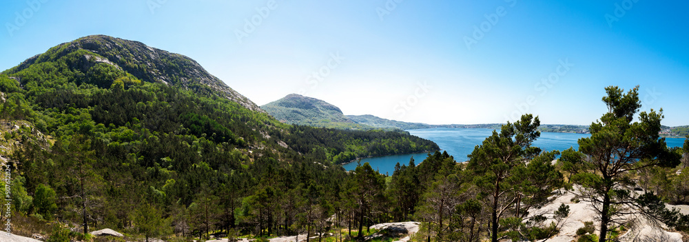 Panorama of beautiful Norwegian summer landscape while hiking to Lifjel mountain, Sandnes, Norway, May 2018