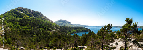 Panorama of beautiful Norwegian summer landscape while hiking to Lifjel mountain, Sandnes, Norway, May 2018