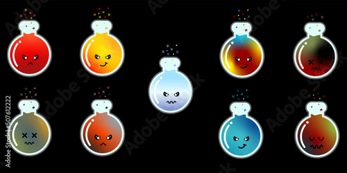 Evil potions set. Halloween icons Black background. Vector fantasy and fairy tales objects set