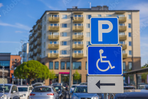 Close up view of parking for disabled people sign. Sweden. 