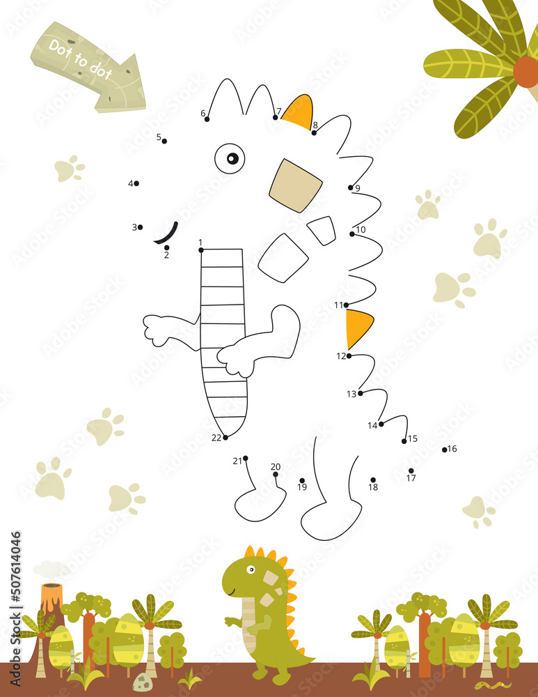 Dinosaurs activities for kids. Dot to dot game – cute green dinosaur. Numbers games for kids. Coloring page. Vector illustration. Prehistoric wildlife. Dinosaurs activities for kids. Dot to dot game – cute green dinosaur. Numbers games for kids. Coloring page. Vector illustration. Prehistoric wildlife.
