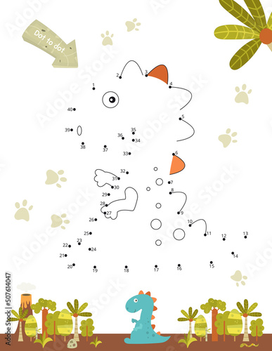 Dinosaurs activities for kids. Dot to dot game     funny dinosaur. Numbers games for kids. Coloring page. Vector illustration. Prehistoric wildlife.