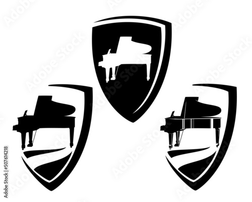 grand piano silhouette in heraldic shield - classical music academy or classes black and white vector emblem design