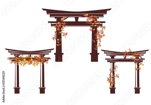 traditional japanese torii gate entrance to shinto shrine decorated with autumn maple tree branches - fall season in Japan vector design set